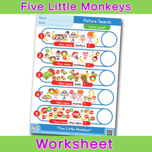 Five Little Monkeys Worksheets BINGOBONGO Picture Search 1