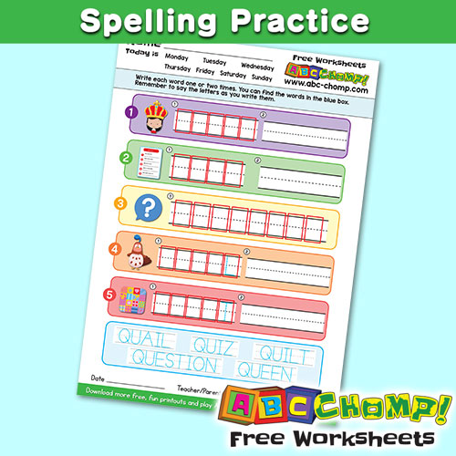 Spelling Practice (Letter Q Words) ABC CHOMP! Free Printouts BINGOBONGO